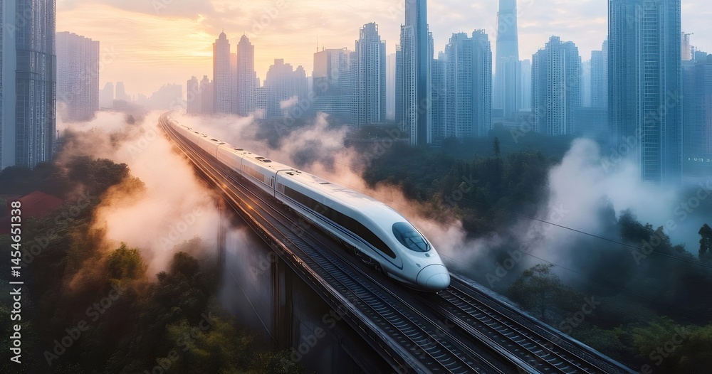 Aufkleber 白い高速列車が霧の中を走行する都市風景 鉄道網と高層ビルのコントラスト 明るい空と緑豊かな木々