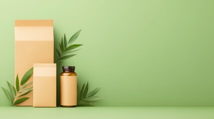 Set of sustainable packages made from kraft, glass, and bamboo, placed on soft velvety background
