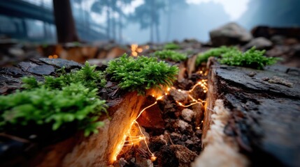 Close-up of moss growing on burnt wood with fairy lights in a foggy forest setting during daytime
