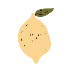 Cute smiling lemon illustration in flat cartoon style perfect for childrens prints, stickers, packaging, and digital designs
