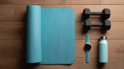Naklejka premium Flat lay of yoga mat, dumbbells, water bottle and smart watch on wooden floor, soft light, modern fitness concept