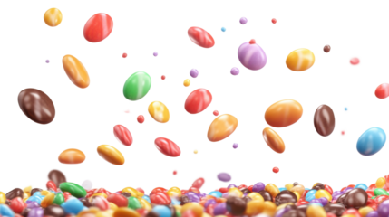 Colorful Candies Falling Isolated on White Background with Fun, Sweet, and Playful Confectionery Concept