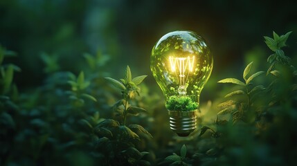 Glowing bulb, green plants, nature, eco-energy concept, website banner