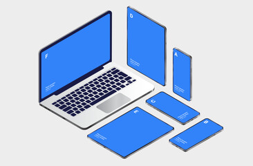 Vector device isometric collection - Mobile phones, laptop computer, and tablets in various angels, laying down and standing. Semi realistic professional illustration mockup