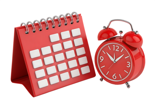 A red calendar with white squares and a red alarm clock set against a black background studio shot