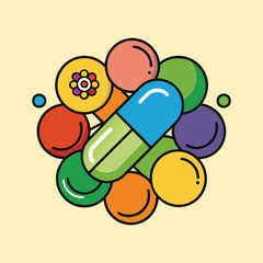 Whimsical Medication Illustration Showcasing Health, Medicine, and Holistic Wellbeing Concepts of Vitamin and Healthy Fitness Vector Design
