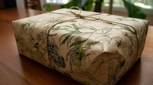 Nicely wrapped gift with floral design and twine sitting on wooden surface ready to be presented