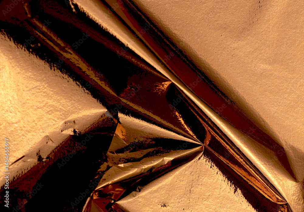 Aufkleber gold and bronze metallic foil texture with a shiny, crumpled surface. abstract, reflective pattern