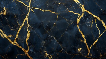 Fototapeta premium Detailed close-up view of dark blue marble with gold veins.