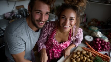 Fototapeta premium Happy Couple Cooking in Kitchen with Fresh Vegetables, Potatoes, Carrots, and Onions, Cheerful and Smiling