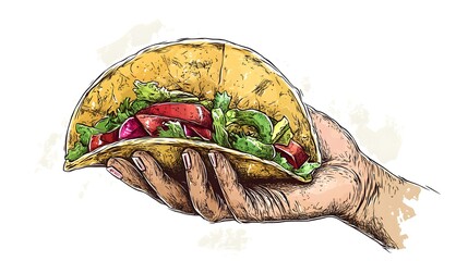 Hand holding a tasty filled taco, a delicious culinary sketch.