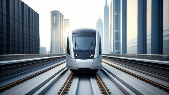 Hydrogen fuel cells, A modern train travels along elevated tracks in a bustling cityscape, surrounded by skyscrapers and reflecting a contemporary urban environment.