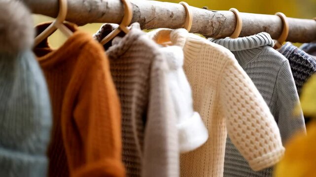 Hand knitted sweaters and a cap hanging from a wooden branch, warm clothing for autumn and winter, children's fashion