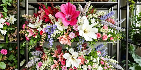 Tiered Metal Rack Displays Pink, White, and Cyan Flowers