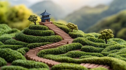 Fototapeta premium Miniature winding stone staircase ascending lush green moss-covered hill leads to dark-roofed pagoda with blurred verdant mountains in background