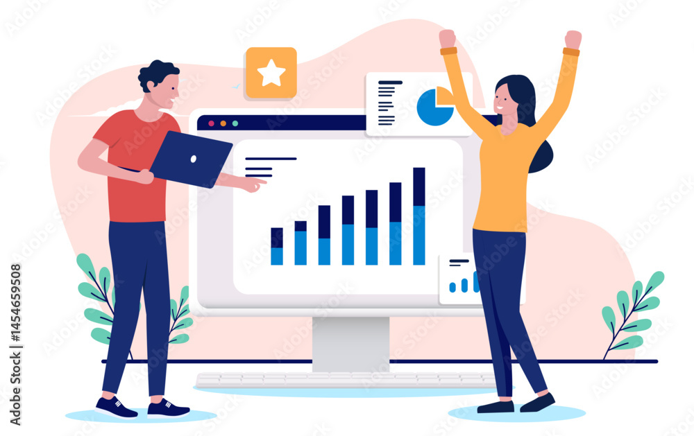 Leinwandbilder successful results - two people in marketing cheering over successful graph and chart showing busine