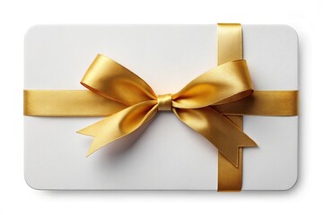 Fototapeta premium White Gift Card Gold Ribbon Bow, Holiday Gift, Promotional Card