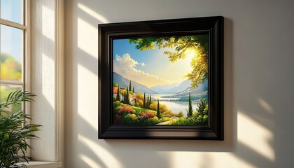 Fototapeta premium A landscape painting hanging on a white wall, depicting a house, trees, a lake, mountains, and a blue sky, with sunlight streaming through a window onto the wall