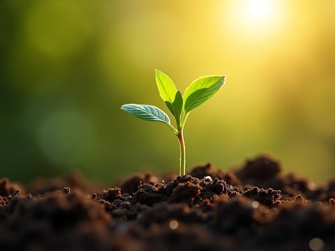 High-resolution photo of a green seedling sprouting from rich soil, bathed in warm sunlight&mdash;symbolizing growth, renewal, and the beauty of new beginnings.
