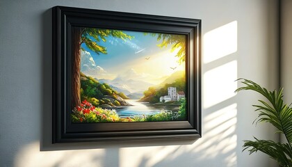 Fototapeta premium A landscape painting hanging on a white wall, depicting a house, trees, a lake, mountains, and a blue sky, with sunlight streaming through a window onto the wall