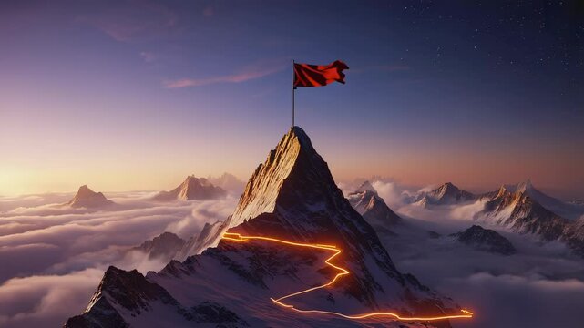 Summit Success Flag on a Mountain Peak at Sunrise
