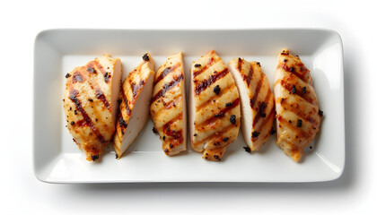 A white rectangular plate with four pieces of chicken on it.