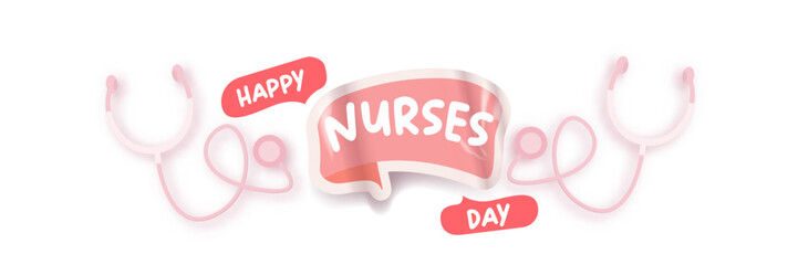 International nurses day cute vector wide horizontal banner and poster with stethoscope isolated on white background. vector pink 12 May Happy nurses day icon, label, sign, sticker design template
