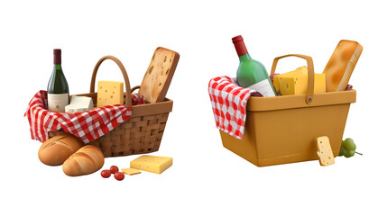 3d rendering picnic baskets with wine, cheese and bread isolated on transparent background, PNG file add
