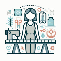 Fototapeta premium Woman sewing with sewing machine and crafting tools in the background