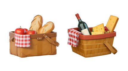 3d rendering 3d rendering picnic baskets with apple, wine, cheese and bread isolated on transparent background, PNG file add
