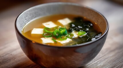 Traditional Japanese miso soup with tofu, seaweed, and green onions in a rustic bowl. A warm, healthy, and comforting meal rich in umami and perfect for lunch or dinner.