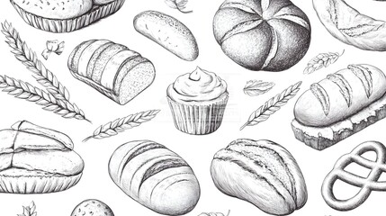 Detailed black and white illustration of various baked goods.