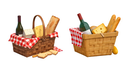 3d rendering picnic baskets with wine, cheese and bread  isolated on transparent background, PNG file add