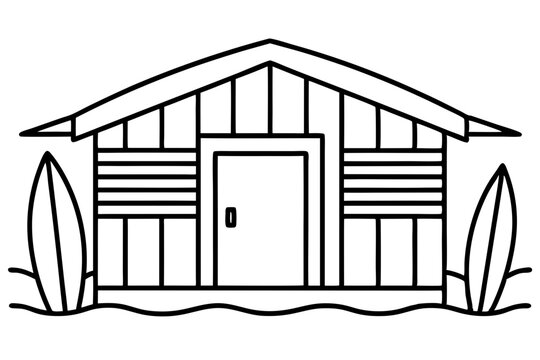 black and white beach hut with surfboards clip art preview