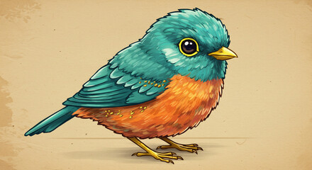 Cute Blue Green and Orange Bird Digital Art