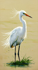 White Heron Standing in Water Digital Art Painting