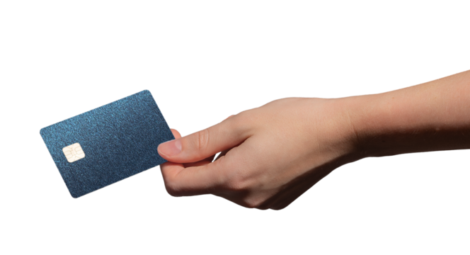 Bank card service concept. Grainy blue plastic card with chip held in hand for credit, debit, loan,