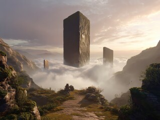 Majestic stone monoliths hover above a cloudy mountain landscape, creating a serene, otherworldly vista at sunrise or sunset.