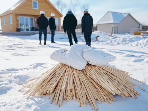 Snowy landscape with construction workers and building materials.