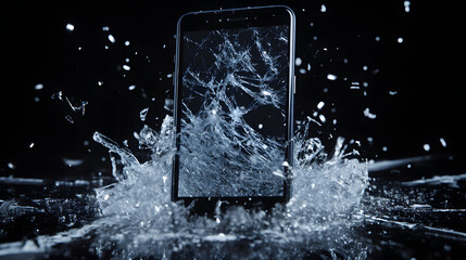 Shattered Display: A modern mobile phone, its screen fractured and shattered in a dynamic splash of water against a black background, showcasing a dramatic visual of technology and destruction.