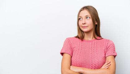 Fototapeta premium Young Russian woman isolated on white background making doubts gesture while lifting the shoulders