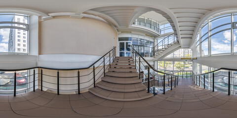 hdri 360 panorama view in empty modern hall near panoramic windows with columns, staircase and...