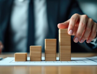 A businessperson arranges wooden blocks in ascending order on a graph, symbolizing growth and progress.