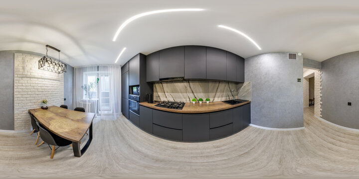 360 seamless hdri panorama view inside kitchen in black color style in equirectangular spherical projection, ready AR VR virtual reality content