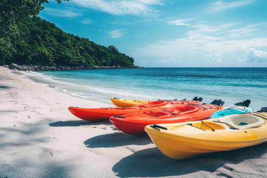 of vibrant beach scene showcasing kayak and surfboard rentals.
