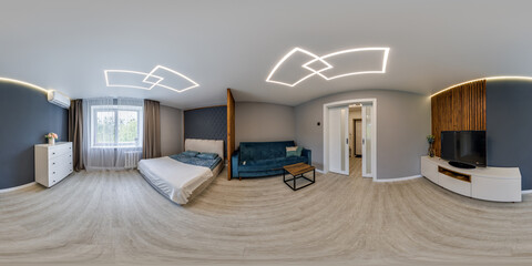 hdri 360 panorama view in bedroom loft room in luxury elite vip hotel in full in equirectangular spherical projection, skybox VR AR content