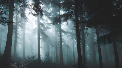 Mystical Forest: The ethereal ambiance of a shadowy, fog-laden forest, captured in a hauntingly beautiful monochrome tone. A path through the misty trees creates a sense of mystery.