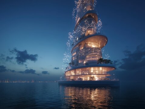 Futuristic yacht-skyscraper hybrid. Illuminated building rises from sea, a beacon of modern luxury, under a serene night sky.