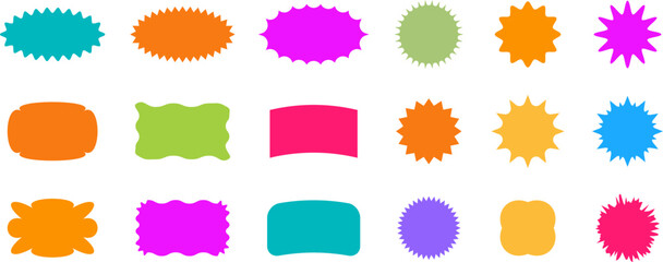 Abstract wave shape stickers. Zig zag wavy shape frames. Vector abstract photo frames and text boxes. Geometric stamps. Hand drawn stars, design elements, badges, geometric figures
