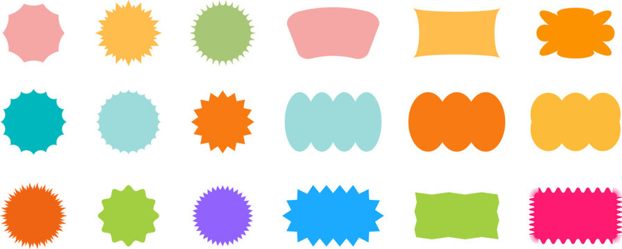 Abstract wave shape stickers. Zig zag wavy shape frames. Vector abstract photo frames and text boxes. Geometric stamps. Hand drawn stars, design elements, badges, geometric figures